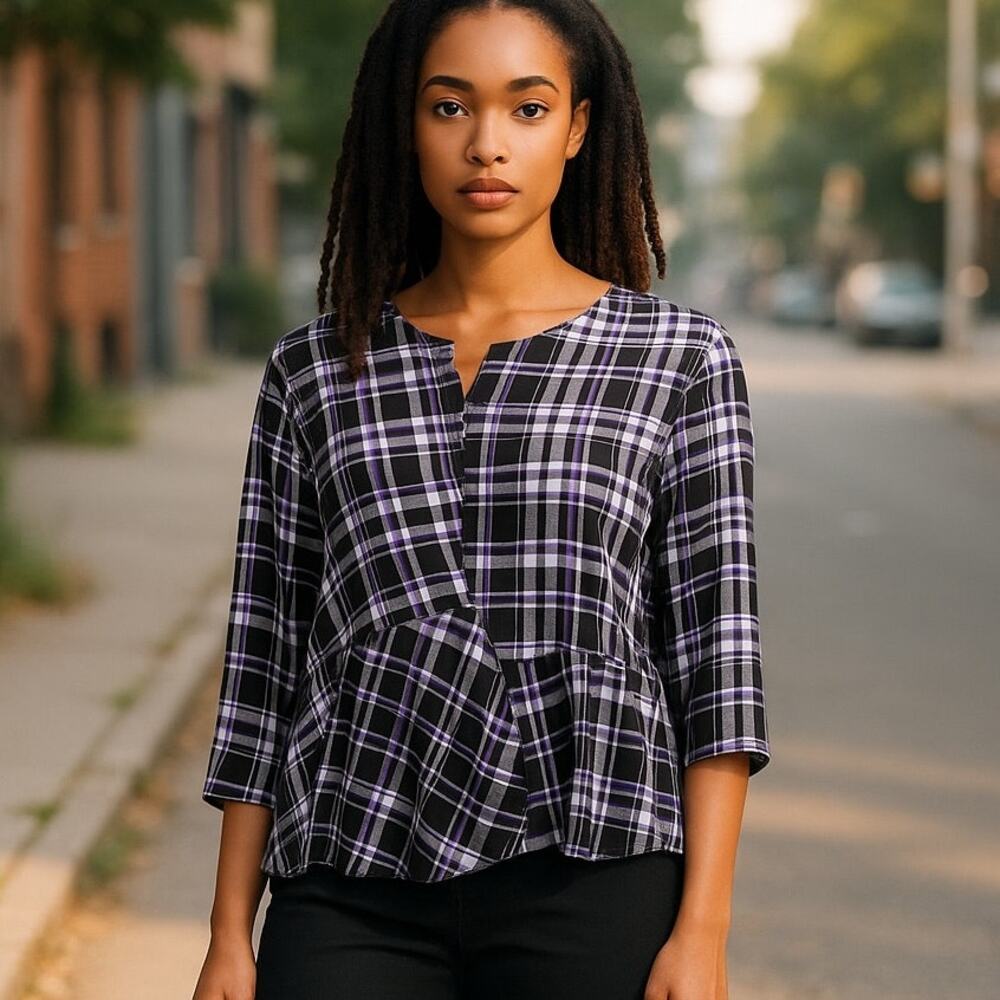 NIKKI Black & White Plaid Women's Pullover Tunic Top ~ Ladies Size LARGE